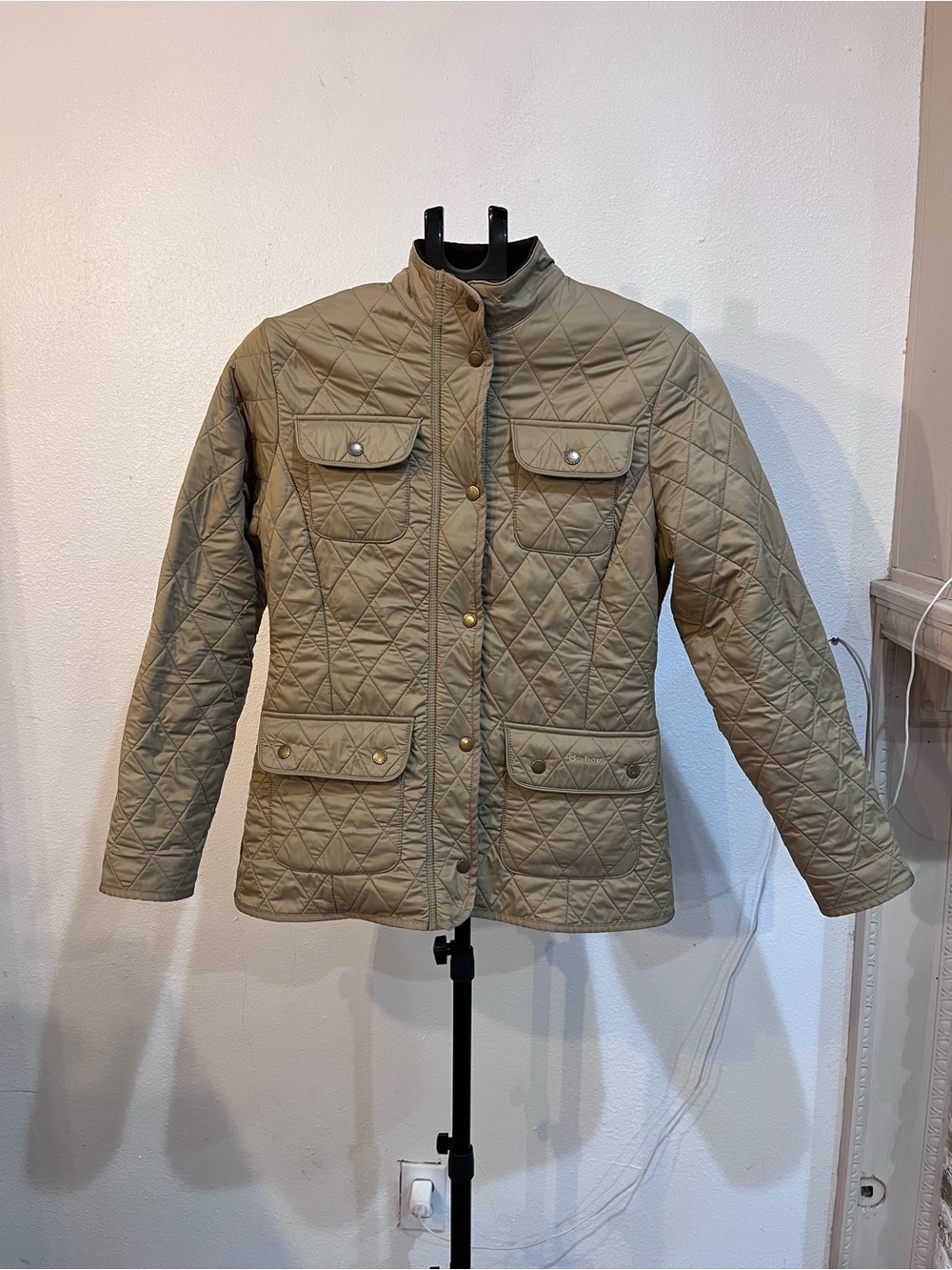 Barbour Womens Quilted Fleece Lined Utility Jacket US 8 Beige Tan 20 Pit to Pit
